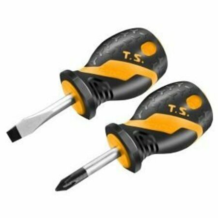 TOLSEN 2pc Stubby Screwdriver Set Cr-V, Chrome Plated, Satin Finish, Black Finish Magnetic Tip 20181